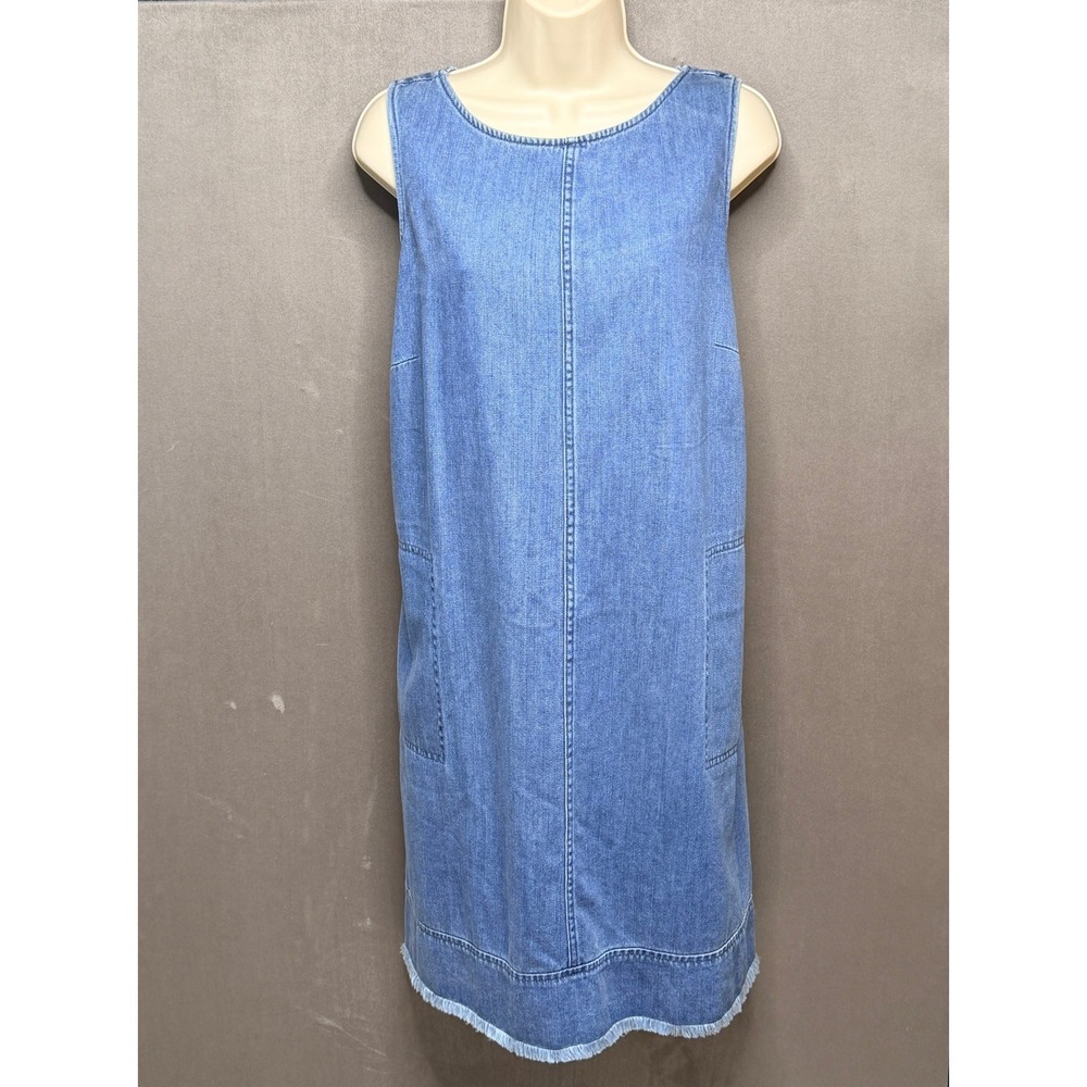J.Jill Denim Shift Dress Womens L Petite Blue Sleeveless Frayed Hem Keyhole Tie